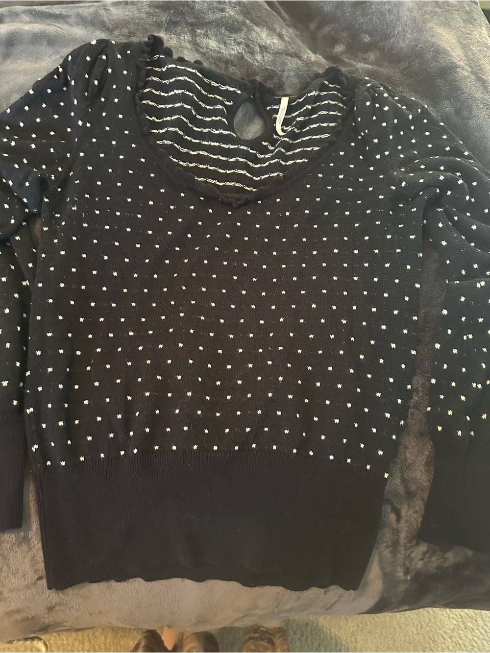 Free People Black Dot Knit Sweater with Striped Neckline vintage inspired